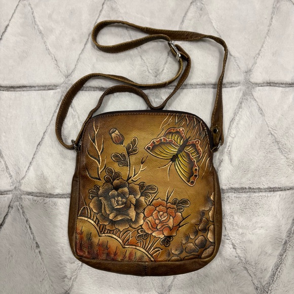 Biacci Handbags - Biacci Handpainted Festival Leather Floral Butterfly Brown crossbody Handbag